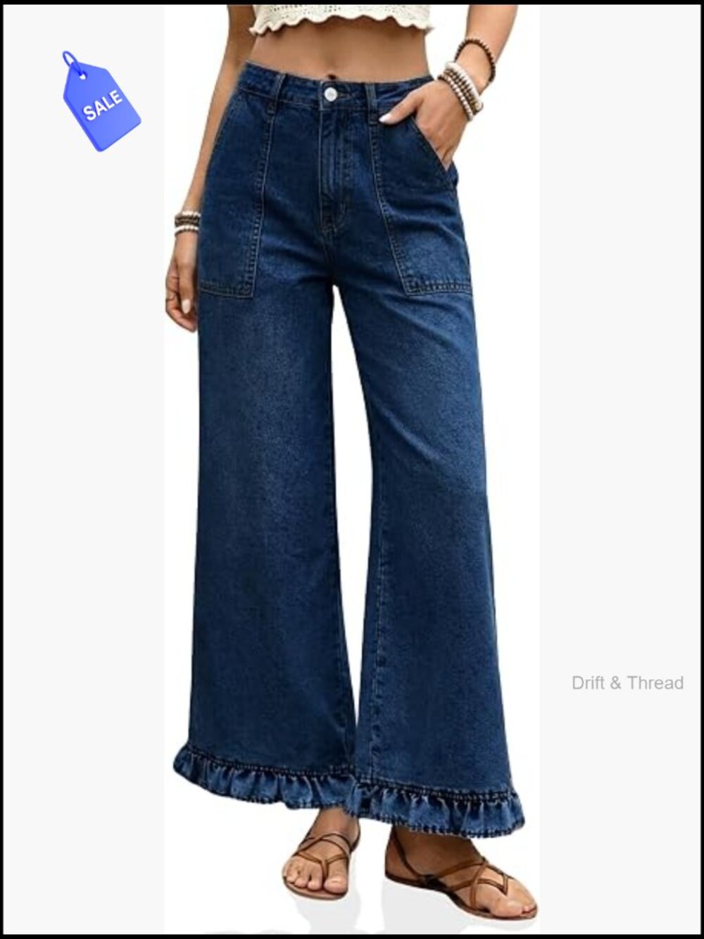 Ruffle Hem Baggy High Waisted Cropped Wide Leg Denim Jeans